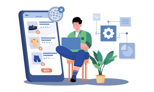Person arbeitet digital am Laptop mit Zahnradsymbolen im Hintergrund