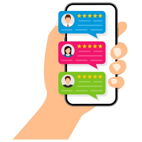 Hand hält Smartphone mit drei farbigen Kundenbewertungen und 5-Sterne-Rezensionen – Symbol für Vertrauen, positive Erfahrungen und authentisches Kundenfeedback
