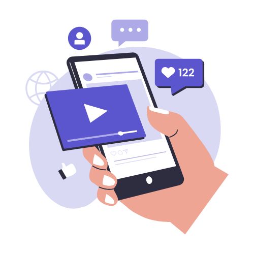 Smartphone mit eingeblendetem Video und Social-Media-Benachrichtigungen