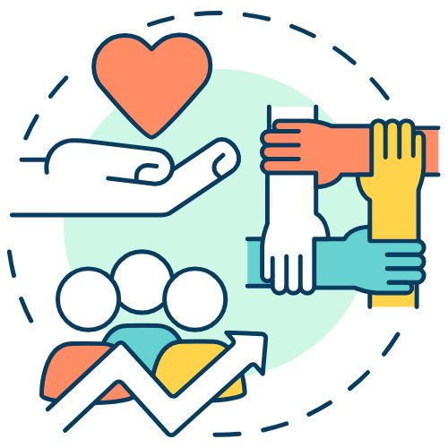 Grafik zu Teamwork und Zusammenhalt mit Symbolen für soziale Verantwortung