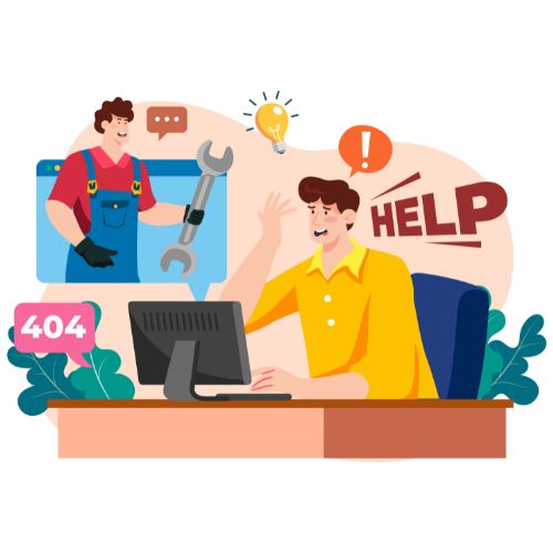 Zwei Personen vor einem PC mit Fehlermeldung 404 und einem Hilfesymbol