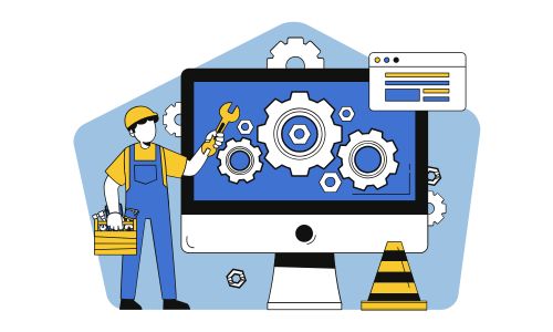 IT-Support und Wartung mit Technikern vor einem Monitor mit Zahnrädern