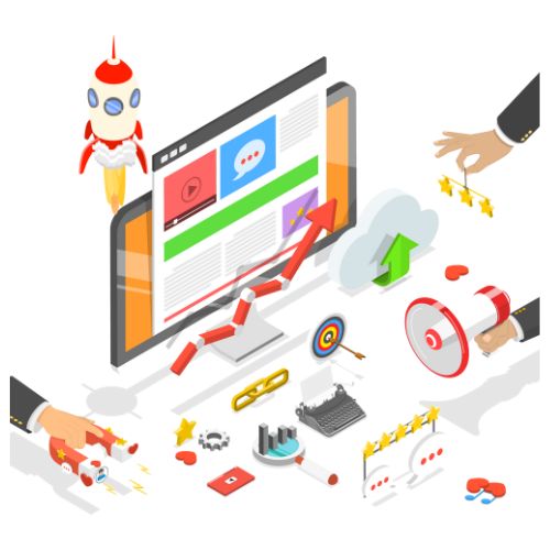 Isometrische Darstellung digitaler Marketing- und SEO-Konzepte: Ein Computerbildschirm mit Website-Inhalten, umgeben von Symbolen wie einem Megafon, einer Rakete, einem Aufwärtspfeil, einer Zielscheibe, einer Lupe, Bewertungssymbolen und einem Cloud-Symbol. Verschiedene Hände interagieren mit den Elementen, um Wachstum, Sichtbarkeit und Performance zu symbolisieren.