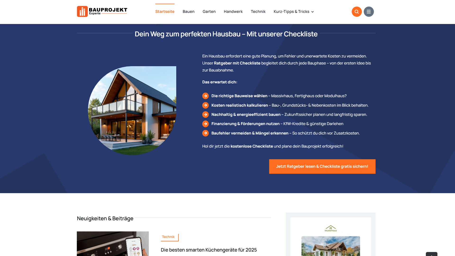 Ein Screenshot des Projektes bauprojektexperte.de