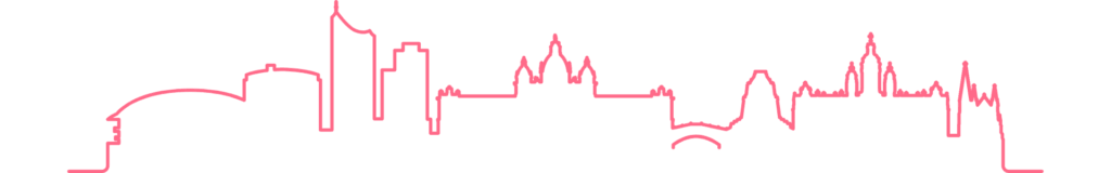 Die Skyline von Leipzig als minimalistische Skizze mit einem roten Stift gezeichnet.
