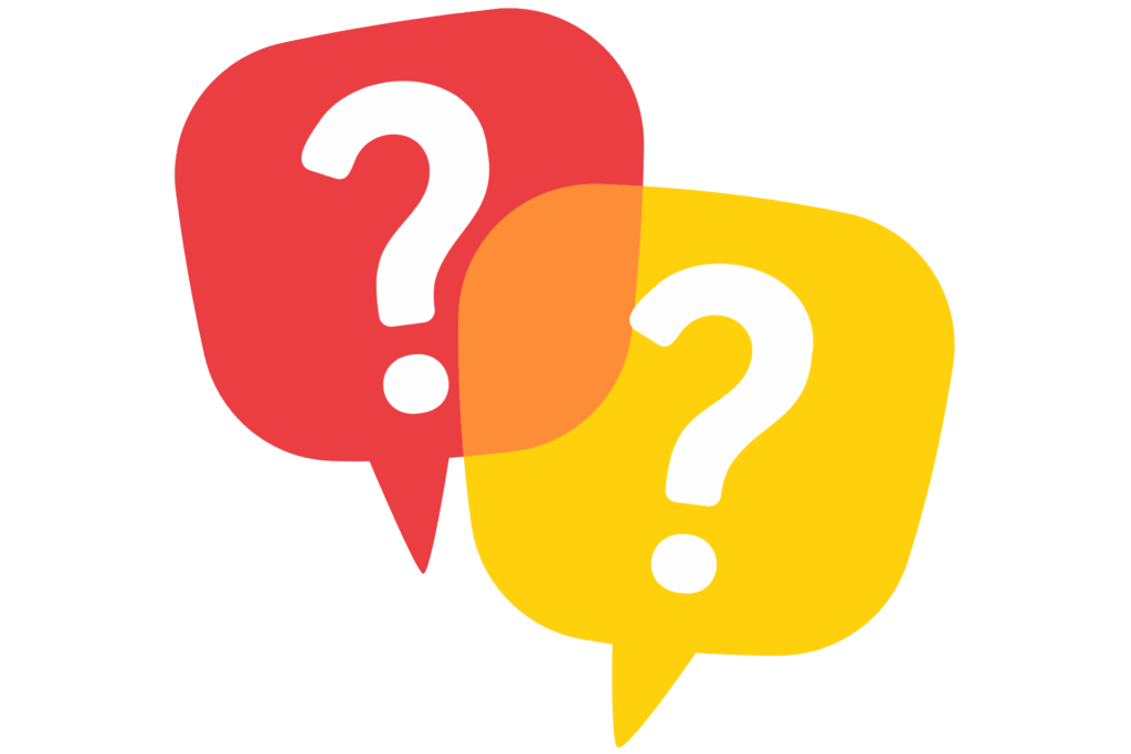 Illustration von zwei überlappenden Sprechblasen in Rot und Gelb, jeweils mit einem weißen Fragezeichen in der Mitte. Symbolisiert häufige Fragen, FAQ-Bereiche oder allgemeine Unklarheiten in der Kommunikation.