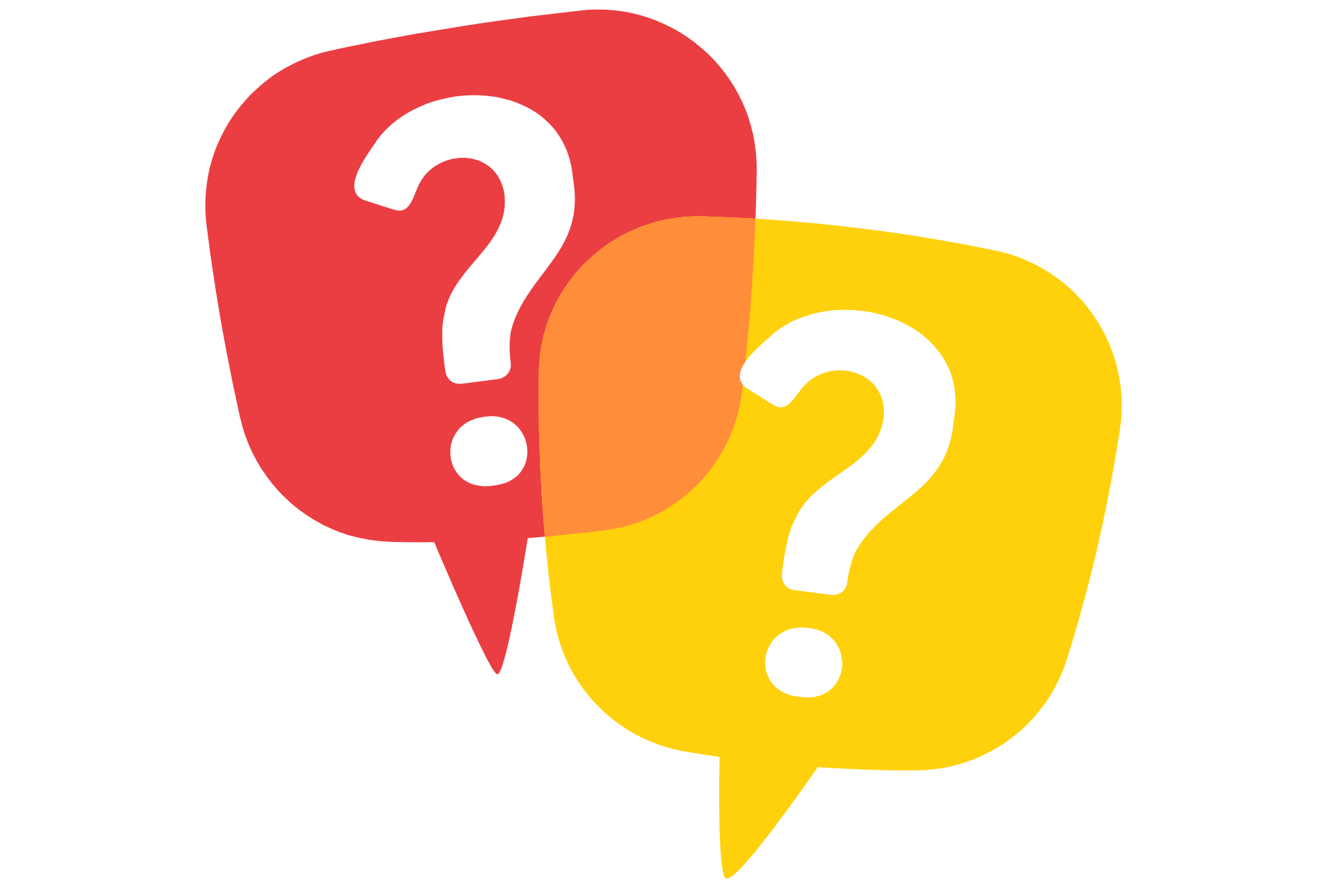 Illustration von zwei überlappenden Sprechblasen in Rot und Gelb, jeweils mit einem weißen Fragezeichen in der Mitte. Symbolisiert häufige Fragen, FAQ-Bereiche oder allgemeine Unklarheiten in der Kommunikation.