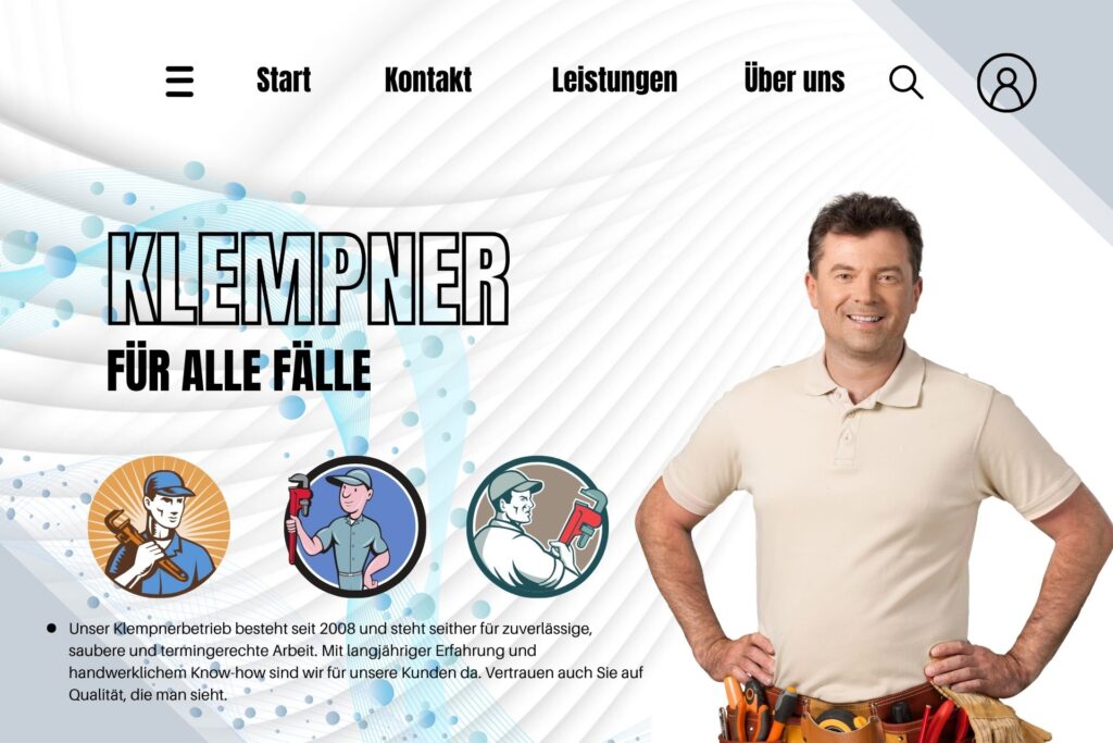 Startseite eines Klempnerbetriebs mit dem Slogan „Klempner für alle Fälle“, drei gezeichneten Icons (Handwerker mit Rohrzange, Schraubenschlüssel, Rohr) und einem lächelnden Handwerker mit Werkzeuggürtel.