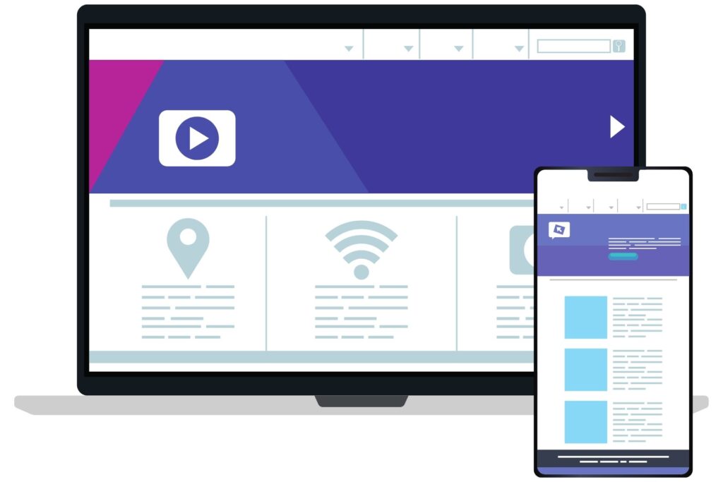 Isometrische Darstellung digitaler Marketing- und SEO-Konzepte: Ein Computerbildschirm mit Website-Inhalten, umgeben von Symbolen wie einem Megafon, einer Rakete, einem Aufwärtspfeil, einer Zielscheibe, einer Lupe, Bewertungssymbolen und einem Cloud-Symbol. Verschiedene Hände interagieren mit den Elementen, um Wachstum, Sichtbarkeit und Performance zu symbolisieren.