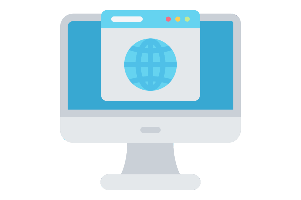 Illustration eines Desktop-Computers mit einem geöffneten Browserfenster, in dem ein Globus-Symbol angezeigt wird. Das Bild steht sinnbildlich für das Internet, Webseiten oder Webentwicklung und betont den globalen Online-Zugriff.