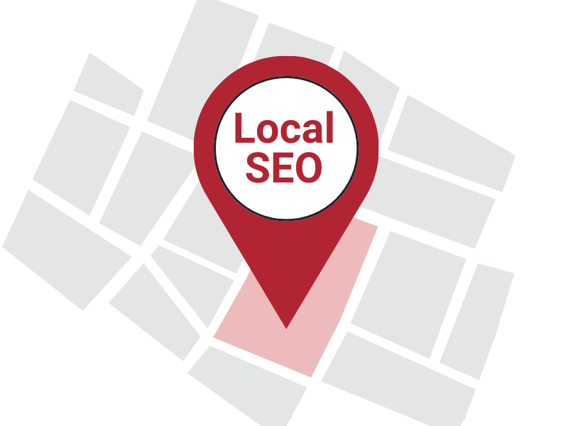 Simple Grafik einer Stadtkarte mit Map-Pin und Local SEO Beschriftung.