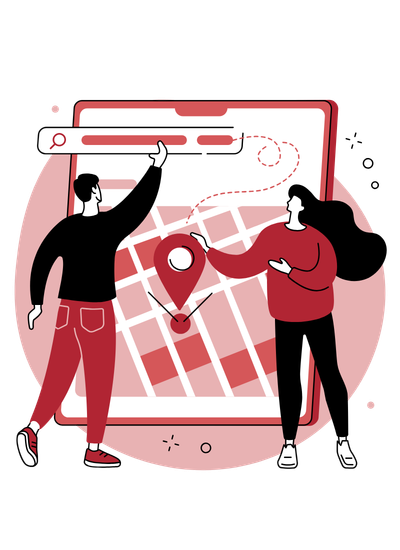Zwei Menschen über einer Stadtkarte mit einem Map-Pin symbolisieren Local SEO