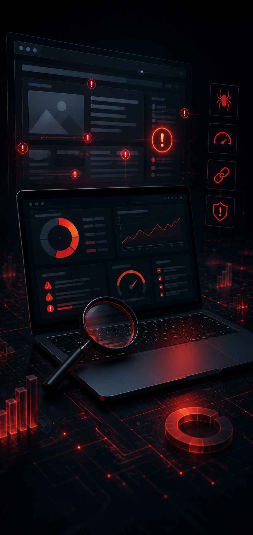 Futuristische Darstellung eines SEO Audits mit Laptop, Lupe und digitalen Analyse-Dashboards. Auf dem Bildschirm werden technische Website-Prüfungen, Leistungskennzahlen, Fehlerwarnungen und Optimierungspotenziale visualisiert. Rote Markierungen heben kritische Probleme hervor, während Diagramme und Symbole für Crawling, Performance, Sicherheit und technische SEO stehen. Die Illustration verdeutlicht die systematische Analyse einer Website zur Identifikation von Ranking-Hindernissen und Verbesserungspotenzialen.