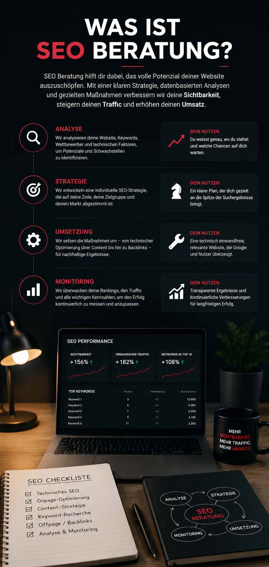 Infografik zur SEO-Beratung mit den Phasen Analyse, Strategie, Umsetzung und Monitoring. Die Grafik zeigt den strukturierten Beratungsprozess zur Verbesserung von Sichtbarkeit, Rankings und organischem Traffic. Ergänzt wird die Darstellung durch ein SEO-Dashboard mit Leistungskennzahlen, eine Checkliste für technische SEO, Onpage- und Offpage-Optimierung sowie Symbole für datenbasierte Entscheidungen und nachhaltiges Wachstum. Die Illustration verdeutlicht, wie professionelle SEO-Beratung Optimierungspotenziale identifiziert und in konkrete Maßnahmen überführt.