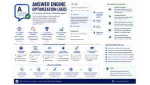 Infografik zum Thema Answer Engine Optimization (AEO) mit Darstellung der Optimierung von Inhalten für direkte Antworten in Suchmaschinen, KI-Systemen und Sprachassistenten zur Steigerung von Sichtbarkeit und Autorität.