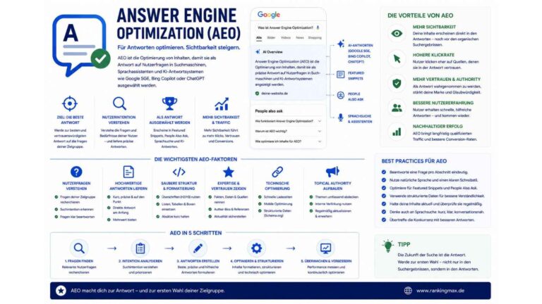 Infografik zum Thema Answer Engine Optimization (AEO) mit Darstellung der Optimierung von Inhalten für direkte Antworten in Suchmaschinen, KI-Systemen und Sprachassistenten zur Steigerung von Sichtbarkeit und Autorität.