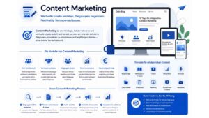 Infografik zum Thema Content Marketing mit einer übersichtlichen Darstellung der wichtigsten Strategien, Vorteile und Content-Formate. Im Mittelpunkt stehen ein Blog auf einem Desktop-Monitor sowie Inhalte für verschiedene Kanäle wie Videos, Social Media und mobile Geräte. Die Grafik erklärt die Vorteile von Content Marketing, darunter mehr Sichtbarkeit, Vertrauensaufbau, stärkere Kundenbindung, höhere Conversions und nachhaltiger Erfolg. Zusätzlich werden verschiedene Content-Formate wie Blogbeiträge, Whitepaper, E-Books, Videos, Infografiken, Podcasts, Webinare, Checklisten und Newsletter vorgestellt. Im unteren Bereich zeigt ein Prozessdiagramm die Schritte Zielgruppenanalyse, Themenrecherche, Content-Erstellung, Verbreitung sowie Analyse und Optimierung. Modernes Design in Blau- und Weißtönen mit Symbolen für digitales Marketing und Online-Kommunikation.