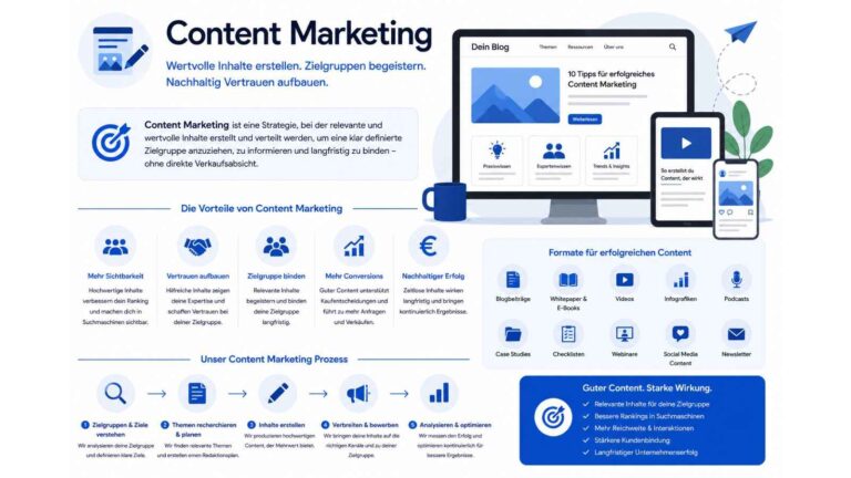 Infografik zum Thema Content Marketing mit einer übersichtlichen Darstellung der wichtigsten Strategien, Vorteile und Content-Formate. Im Mittelpunkt stehen ein Blog auf einem Desktop-Monitor sowie Inhalte für verschiedene Kanäle wie Videos, Social Media und mobile Geräte. Die Grafik erklärt die Vorteile von Content Marketing, darunter mehr Sichtbarkeit, Vertrauensaufbau, stärkere Kundenbindung, höhere Conversions und nachhaltiger Erfolg. Zusätzlich werden verschiedene Content-Formate wie Blogbeiträge, Whitepaper, E-Books, Videos, Infografiken, Podcasts, Webinare, Checklisten und Newsletter vorgestellt. Im unteren Bereich zeigt ein Prozessdiagramm die Schritte Zielgruppenanalyse, Themenrecherche, Content-Erstellung, Verbreitung sowie Analyse und Optimierung. Modernes Design in Blau- und Weißtönen mit Symbolen für digitales Marketing und Online-Kommunikation.
