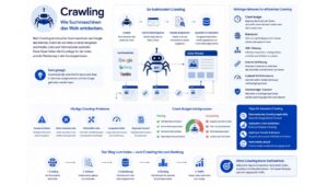 Infografik zum Thema Crawling mit einer schematischen Darstellung, wie Suchmaschinen Webseiten entdecken, analysieren und für den Suchindex erfassen. Im Zentrum steht ein Suchmaschinen-Bot (Crawler), der über interne Links verschiedene Webseiten besucht, Inhalte ausliest und Informationen an Suchmaschinen übermittelt. Die Grafik erklärt den Crawling-Prozess von der Entdeckung einer Seite über die Analyse von Inhalten bis zur Speicherung und Indexierung. Zusätzlich werden wichtige Einflussfaktoren wie Crawl-Budget, robots.txt, XML-Sitemap, interne Verlinkung, Ladezeiten und hochwertiger Content dargestellt. Hervorgehoben werden typische Crawling-Probleme wie gesperrte Seiten, fehlerhafte Links, langsame Ladezeiten und Duplicate Content. Im unteren Bereich zeigt ein Ablaufdiagramm die Schritte Crawling, Analyse, Indexierung, Ranking und Traffic. Modernes Design in Blau-, Weiß- und Grautönen mit Fokus auf technische Suchmaschinenoptimierung und Website-Indexierung.