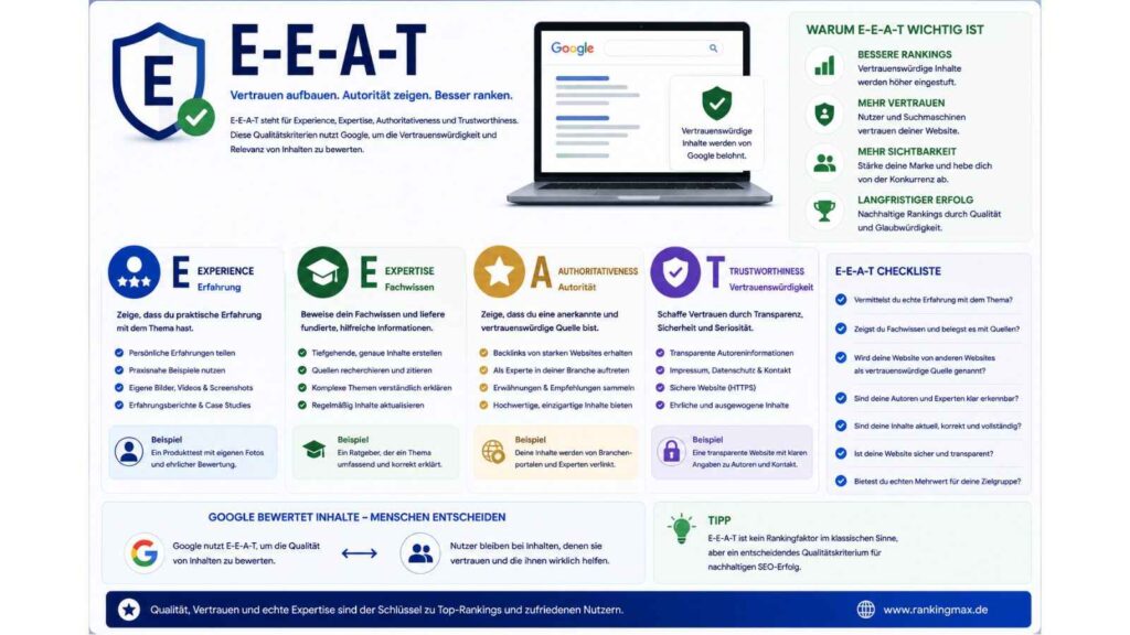 Infografik zum Thema E-E-A-T mit Darstellung der Google-Qualitätskriterien Experience, Expertise, Authoritativeness und Trustworthiness zur Verbesserung von Vertrauen, Autorität und Sichtbarkeit in Suchmaschinen.