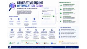 Infografik zum Thema Generative Engine Optimization (GEO) mit Darstellung der Optimierung von Inhalten für KI-Suchsysteme, AI Overviews und generative Antworten zur Steigerung von Sichtbarkeit, Autorität und digitalen Erwähnungen.