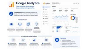 Infografik zum Thema Google Analytics mit einer Übersicht der wichtigsten Funktionen und Vorteile des Webanalyse-Tools. Rechts ist ein Dashboard mit Kennzahlen wie Nutzer, Sitzungen, Absprungrate, Sitzungsdauer, Diagrammen zu Traffic-Quellen, Conversions und Geräteverteilung dargestellt. Links werden die Vorteile erklärt, darunter Nutzer verstehen, Verhalten analysieren, Ziele messen und datenbasierte Entscheidungen treffen. Im unteren Bereich zeigt eine Schritt-für-Schritt-Grafik den Ablauf von Tracking einrichten, Daten sammeln, Daten analysieren bis zur Nutzung von Erkenntnissen zur Optimierung von Website und Marketingmaßnahmen. Moderne Darstellung in Blau-, Weiß- und Orangetönen.