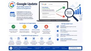 Infografik zum Thema Google Update mit einer übersichtlichen Darstellung der Auswirkungen von Änderungen am Google-Suchalgorithmus auf Websites und Suchmaschinenrankings. Im Zentrum zeigt ein Laptop eine Suchergebnisseite mit steigenden und fallenden Ranking-Kurven, ergänzt durch eine Lupe und ein Wachstumsdiagramm als Symbole für Analyse und Sichtbarkeit. Die Grafik erläutert die möglichen Folgen von Google Updates wie Ranking-Veränderungen, Schwankungen der Sichtbarkeit, Traffic-Verluste oder -Gewinne sowie den Anpassungsbedarf bei Inhalten und Technik. Zusätzlich werden wichtige Update-Arten wie Core Updates, Spam Updates, Helpful Content Updates und Produkt- bzw. Erfahrungs-Updates vorgestellt. Im unteren Bereich zeigt ein Prozessdiagramm die Schritte Informieren, Analysieren, Bewerten, Optimieren, Überwachen und kontinuierliches Verbessern nach einem Google Update. Modernes Design in Blau-, Grün- und Weißtönen mit Fokus auf SEO, Website-Optimierung und Suchmaschinenranking.
