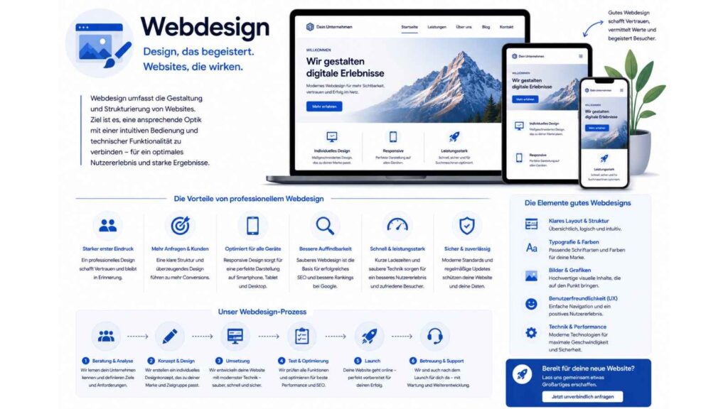 Infografik zum Thema Webdesign mit einer modernen Darstellung professioneller Website-Gestaltung auf Laptop, Tablet und Smartphone. Die Grafik zeigt responsives Webdesign auf verschiedenen Endgeräten und erklärt die wichtigsten Vorteile einer professionellen Website, darunter ein starker erster Eindruck, mehr Kundenanfragen, optimale Darstellung auf allen Geräten, bessere Auffindbarkeit bei Google, hohe Performance sowie Sicherheit und Zuverlässigkeit. Zusätzlich werden zentrale Elemente erfolgreichen Webdesigns wie Struktur, Typografie, Farben, Bilder, Benutzerfreundlichkeit (UX) und technische Performance vorgestellt. Im unteren Bereich veranschaulicht ein Prozessdiagramm die Schritte Beratung, Konzeption, Entwicklung, Test, Launch und Betreuung einer Website. Modernes Design in Blau-, Weiß- und Grautönen mit Fokus auf Webdesign, Nutzererlebnis und digitale Sichtbarkeit.