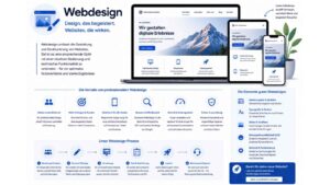Infografik zum Thema Webdesign mit einer modernen Darstellung professioneller Website-Gestaltung auf Laptop, Tablet und Smartphone. Die Grafik zeigt responsives Webdesign auf verschiedenen Endgeräten und erklärt die wichtigsten Vorteile einer professionellen Website, darunter ein starker erster Eindruck, mehr Kundenanfragen, optimale Darstellung auf allen Geräten, bessere Auffindbarkeit bei Google, hohe Performance sowie Sicherheit und Zuverlässigkeit. Zusätzlich werden zentrale Elemente erfolgreichen Webdesigns wie Struktur, Typografie, Farben, Bilder, Benutzerfreundlichkeit (UX) und technische Performance vorgestellt. Im unteren Bereich veranschaulicht ein Prozessdiagramm die Schritte Beratung, Konzeption, Entwicklung, Test, Launch und Betreuung einer Website. Modernes Design in Blau-, Weiß- und Grautönen mit Fokus auf Webdesign, Nutzererlebnis und digitale Sichtbarkeit.