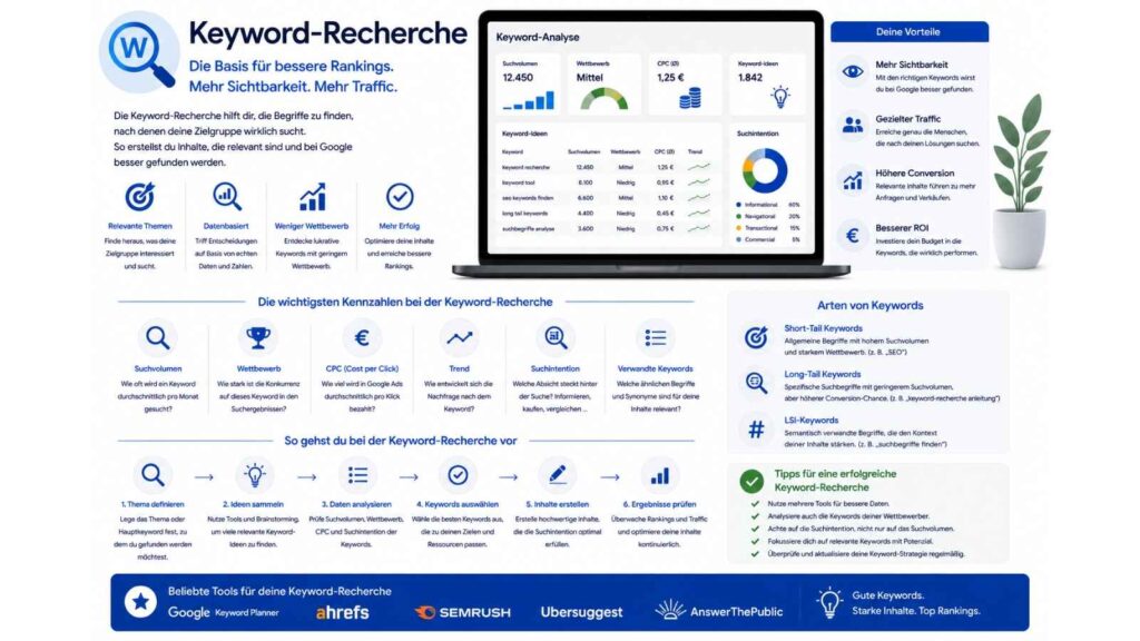 Infografik zum Thema Keyword-Recherche mit einer übersichtlichen Darstellung der wichtigsten Schritte und Kennzahlen zur Auswahl relevanter Suchbegriffe für Suchmaschinenoptimierung (SEO). Im Mittelpunkt steht ein Laptop mit einem Dashboard zur Keyword-Analyse, das Suchvolumen, Wettbewerb, Klickpreise (CPC), Keyword-Ideen und Suchintentionen visualisiert. Die Grafik erklärt die Vorteile einer Keyword-Recherche wie höhere Sichtbarkeit, gezielten Website-Traffic, bessere Conversion-Raten und einen höheren Return on Investment. Zusätzlich werden wichtige Kennzahlen wie Suchvolumen, Wettbewerb, CPC, Trends, Suchintention und verwandte Keywords erläutert. Im unteren Bereich zeigt ein Prozessdiagramm die Schritte Themenfindung, Ideensammlung, Datenanalyse, Keyword-Auswahl, Content-Erstellung und Erfolgskontrolle. Modernes Design in Blau-, Weiß- und Grautönen mit Fokus auf SEO, Content-Planung und Suchmaschinenmarketing.