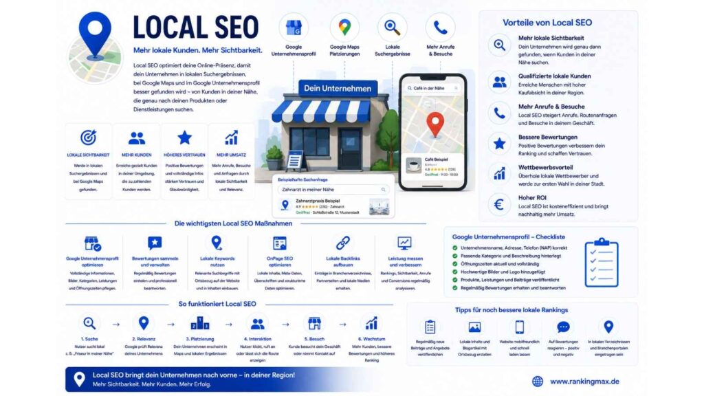 Infografik zum Thema Local SEO mit einer anschaulichen Darstellung lokaler Suchmaschinenoptimierung für Unternehmen. Im Mittelpunkt stehen ein lokales Geschäft, eine Kartenansicht auf einem Smartphone sowie Standort-Pins, die die Auffindbarkeit in lokalen Suchergebnissen und auf Kartenplattformen symbolisieren. Die Grafik erklärt die Vorteile von Local SEO, darunter mehr lokale Sichtbarkeit, qualifizierte Kundenanfragen, höhere Besucherzahlen, bessere Bewertungen, Wettbewerbsvorteile und einen hohen Return on Investment. Zusätzlich werden wichtige Maßnahmen wie die Optimierung des Unternehmensprofils, Bewertungsmanagement, lokale Keywords, OnPage-Optimierung, lokale Backlinks und die Analyse von Rankings vorgestellt. Im unteren Bereich zeigt ein Prozessdiagramm den Weg von der lokalen Suchanfrage über die Platzierung in den Suchergebnissen bis zu Kundenkontakten und Unternehmenswachstum. Modernes Design in Blau-, Weiß- und Grautönen mit Fokus auf regionale Sichtbarkeit, lokale Suchergebnisse und Kundengewinnung.