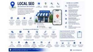 Infografik zum Thema Local SEO mit einer anschaulichen Darstellung lokaler Suchmaschinenoptimierung für Unternehmen. Im Mittelpunkt stehen ein lokales Geschäft, eine Kartenansicht auf einem Smartphone sowie Standort-Pins, die die Auffindbarkeit in lokalen Suchergebnissen und auf Kartenplattformen symbolisieren. Die Grafik erklärt die Vorteile von Local SEO, darunter mehr lokale Sichtbarkeit, qualifizierte Kundenanfragen, höhere Besucherzahlen, bessere Bewertungen, Wettbewerbsvorteile und einen hohen Return on Investment. Zusätzlich werden wichtige Maßnahmen wie die Optimierung des Unternehmensprofils, Bewertungsmanagement, lokale Keywords, OnPage-Optimierung, lokale Backlinks und die Analyse von Rankings vorgestellt. Im unteren Bereich zeigt ein Prozessdiagramm den Weg von der lokalen Suchanfrage über die Platzierung in den Suchergebnissen bis zu Kundenkontakten und Unternehmenswachstum. Modernes Design in Blau-, Weiß- und Grautönen mit Fokus auf regionale Sichtbarkeit, lokale Suchergebnisse und Kundengewinnung.