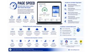Infografik zum Thema Page Speed mit einer übersichtlichen Darstellung der Ladegeschwindigkeit von Websites und deren Einfluss auf Nutzererfahrung, Suchmaschinenoptimierung und Conversion-Raten. Im Mittelpunkt steht ein Laptop mit einem Leistungs-Dashboard, das einen hohen Performance-Score sowie wichtige Kennzahlen wie Ladezeiten, Largest Contentful Paint (LCP), First Contentful Paint (FCP), Total Blocking Time (TBT) und Cumulative Layout Shift (CLS) visualisiert. Die Grafik erklärt die Vorteile schneller Websites, darunter bessere Rankings bei Google, höhere Nutzerzufriedenheit, mehr Conversions, geringere Absprungraten und eine bessere Kapitalrendite. Zusätzlich werden wichtige Optimierungsmaßnahmen wie Bildkomprimierung, saubere Programmierung, Browser-Caching, Content Delivery Networks (CDN), JavaScript-Optimierung und Critical CSS vorgestellt. Im unteren Bereich zeigt ein Prozessdiagramm die Schritte Analyse, Priorisierung, Optimierung, Testen, Überwachung und kontinuierliche Verbesserung der Website-Performance. Modernes Design in Blau-, Weiß- und Grautönen mit Fokus auf Ladegeschwindigkeit, technische SEO und Web-Performance.