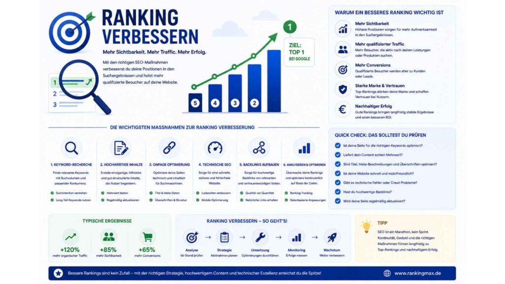 Infografik zum Thema Ranking verbessern mit Darstellung wichtiger SEO-Maßnahmen wie Keyword-Recherche, Content-Optimierung, technische SEO und Linkaufbau zur Steigerung von Sichtbarkeit, Traffic und Google-Rankings.