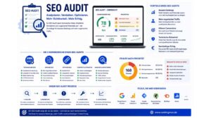 Infografik zum Thema SEO Audit mit Darstellung der Analyse einer Website, technischer SEO-Faktoren, Optimierungspotenziale und Maßnahmen zur Verbesserung von Sichtbarkeit, Rankings und Website-Performance.
