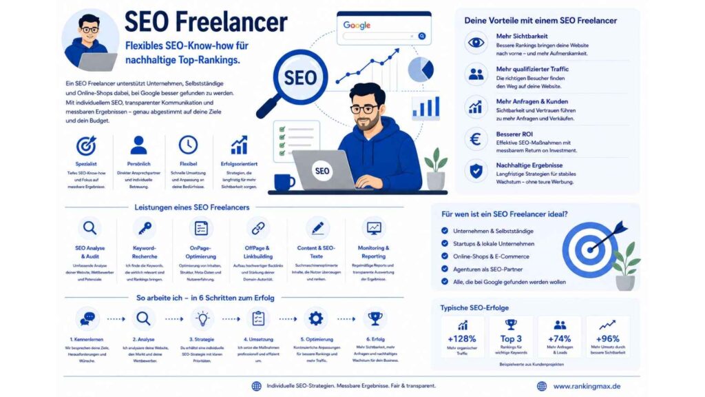 Infografik zum Thema SEO Freelancer mit einer übersichtlichen Darstellung der Leistungen, Vorteile und Arbeitsweise eines selbstständigen SEO-Experten. Im Zentrum sitzt ein SEO-Spezialist vor einem Laptop, umgeben von Symbolen für Suchmaschinenoptimierung, Datenanalyse, Rankings und Website-Wachstum. Die Grafik erklärt die Vorteile eines SEO Freelancers wie persönliche Betreuung, flexible Zusammenarbeit, spezialisiertes Fachwissen und ergebnisorientierte Strategien. Zudem werden typische Leistungen vorgestellt, darunter SEO-Analyse und Audit, Keyword-Recherche, OnPage-Optimierung, OffPage-SEO und Linkaufbau, SEO-Content sowie Monitoring und Reporting. Ein Prozessdiagramm zeigt die Schritte von der Analyse über Strategie und Umsetzung bis zur Optimierung und Erfolgskontrolle. Ergänzend werden typische SEO-Erfolge wie steigender organischer Traffic, bessere Rankings, mehr Anfragen und höhere Sichtbarkeit dargestellt. Modernes Design in Blau-, Weiß- und Grautönen mit Fokus auf Suchmaschinenoptimierung, digitale Sichtbarkeit und nachhaltiges Wachstum.