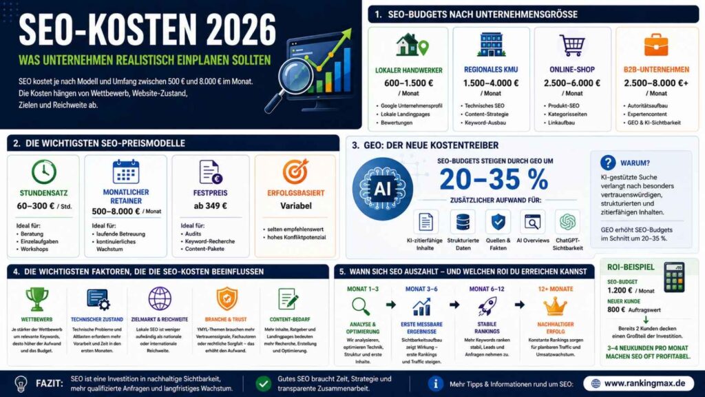 Infografik zu den SEO-Kosten 2026 mit Übersicht über typische Budgets für Handwerker, KMU, Online-Shops und B2B-Unternehmen. Die Grafik zeigt verschiedene SEO-Preismodelle, den Einfluss von GEO und KI-Sichtbarkeit auf die Kosten, wichtige Kostenfaktoren wie Wettbewerb, Technik, Content und Linkaufbau sowie einen Zeitplan, wann sich SEO auszahlen kann. Zusätzlich enthält die Infografik ein ROI-Beispiel zur Berechnung der Wirtschaftlichkeit von Suchmaschinenoptimierung.