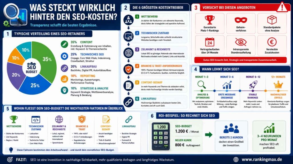 Infografik zum Thema „Was steckt wirklich hinter den SEO-Kosten?“ mit einer Übersicht über die typische Verteilung eines SEO-Budgets auf Content, technisches SEO, Linkaufbau, Reporting sowie Strategie und Analyse. Die Grafik zeigt die sechs größten Kostentreiber wie Wettbewerb, technischer Zustand, Zielmarkt, Trust-Anforderungen, Content-Bedarf und Linkaufbau. Zusätzlich werden Warnsignale bei SEO-Angeboten, ein Zeitplan für den Erfolg von SEO-Maßnahmen und ein ROI-Beispiel dargestellt. Die Infografik erklärt, wie sich SEO-Budgets zusammensetzen und welche Faktoren die Kosten und den langfristigen Erfolg beeinflussen.