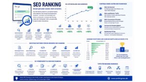 Infografik zum Thema SEO Ranking mit Darstellung von Suchmaschinenplatzierungen, Ranking-Faktoren, Sichtbarkeitsentwicklung und Maßnahmen zur Verbesserung von Google-Rankings.