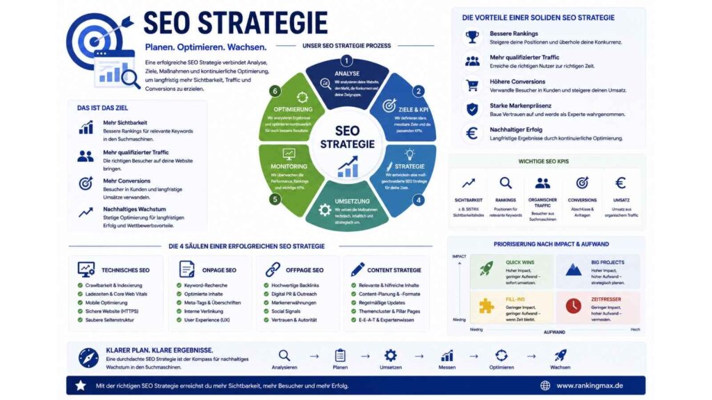 Infografik zum Thema SEO-Strategie mit Darstellung der Planung, Umsetzung und Optimierung von SEO-Maßnahmen zur Verbesserung von Sichtbarkeit, Rankings, organischem Traffic und Conversions.