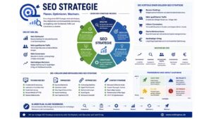 Infografik zum Thema SEO-Strategie mit Darstellung der Planung, Umsetzung und Optimierung von SEO-Maßnahmen zur Verbesserung von Sichtbarkeit, Rankings, organischem Traffic und Conversions.