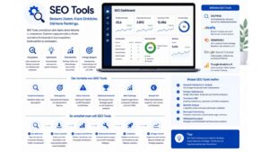 Infografik zum Thema SEO-Tools mit einer Übersicht der wichtigsten Werkzeuge zur Analyse und Optimierung von Websites für Suchmaschinen. Im Zentrum befindet sich ein Laptop mit einem SEO-Dashboard, das Kennzahlen wie Sichtbarkeitsindex, organische Keywords, Traffic, Domain-Bewertung, technische SEO-Werte und Backlinks visualisiert. Die Grafik zeigt typische Einsatzbereiche von SEO-Tools, darunter Keyword-Recherche, OnPage-Optimierung, technische SEO, Backlink-Analyse, Ranking-Monitoring und Wettbewerbsanalyse. Zusätzlich werden Vorteile wie fundierte Analysen, Zeitersparnis, Fehlererkennung, Wettbewerbsvorteile, bessere Rankings und ein höherer Return on Investment dargestellt. Im unteren Bereich veranschaulicht ein Prozessdiagramm die Arbeit mit SEO-Tools – von der Zieldefinition über Datensammlung und Analyse bis zur Umsetzung und Erfolgsmessung. Modernes Design in Blau-, Weiß- und Grautönen mit Fokus auf Suchmaschinenoptimierung, Datenanalyse und digitales Marketing.