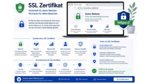 Infografik zum Thema SSL-Zertifikat mit einer schematischen Darstellung der sicheren Datenübertragung zwischen Website und Besucher. Im Mittelpunkt steht ein Laptop mit einer HTTPS-geschützten Website, einem Schlosssymbol in der Adressleiste und zusätzlichen Sicherheitssymbolen für Verschlüsselung und Datenschutz. Die Grafik erklärt die Vorteile eines SSL-Zertifikats wie höhere Sicherheit, mehr Vertrauen bei Besuchern, bessere Suchmaschinenrankings, höhere Conversion-Raten und Schutz vor Cyberangriffen. Zusätzlich werden die verschiedenen SSL-Zertifikatstypen Domain Validation (DV), Organization Validation (OV) und Extended Validation (EV) vorgestellt. Im unteren Bereich veranschaulicht ein Ablaufdiagramm die Schritte von der verschlüsselten Verbindung über die Datenübertragung bis zur erfolgreichen Verifizierung und sicheren HTTPS-Verbindung. Modernes Design in Blau-, Grün- und Weißtönen mit Fokus auf Website-Sicherheit, Datenschutz und HTTPS-Verschlüsselung.