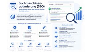 Infografik zum Thema Suchmaschinenoptimierung (SEO) mit einer schematischen Darstellung der wichtigsten Maßnahmen für bessere Platzierungen in den organischen Suchergebnissen. Die Grafik zeigt eine Suchergebnisseite mit einer Website auf Position eins, eine Lupe als Symbol für Suchmaschinen sowie ein ansteigendes Balkendiagramm für mehr Sichtbarkeit und Wachstum. Erläutert werden die drei zentralen SEO-Bereiche: Technische SEO, OnPage-SEO und OffPage-SEO. Zusätzlich werden Vorteile wie höhere Sichtbarkeit, qualifizierter Traffic, mehr Vertrauen, nachhaltiger Erfolg und bessere Conversions dargestellt. Im unteren Bereich veranschaulicht ein Prozessdiagramm die Schritte Analyse, Strategie, Umsetzung, Monitoring und Optimierung. Modernes Design in Blau-, Grün- und Weißtönen mit Fokus auf Suchmaschinenranking und Website-Optimierung.