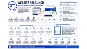 Infografik zum Thema Website-Relaunch mit einer visuellen Darstellung der Planung, Umsetzung und Optimierung einer neu gestalteten Website. Im Mittelpunkt steht ein Vorher-Nachher-Vergleich einer Website, der Verbesserungen bei Design, Ladegeschwindigkeit, Nutzerfreundlichkeit und Performance zeigt. Die Grafik erläutert die Vorteile eines erfolgreichen Relaunchs, darunter bessere Rankings bei Google, höhere Nutzerzufriedenheit, mehr Conversions, langfristiger Erfolg und geringere Folgekosten durch eine saubere technische Umsetzung. Zusätzlich werden wichtige Schritte des Relaunch-Prozesses dargestellt – von Analyse und Planung über Konzeption, Entwicklung, Testing und Weiterleitungen bis hin zu Monitoring und kontinuierlicher Optimierung. Eine SEO-Checkliste hebt zentrale Maßnahmen wie 301-Weiterleitungen, Meta-Daten, interne Verlinkung, XML-Sitemap und Core Web Vitals hervor. Im unteren Bereich werden typische Relaunch-Fehler sowie mögliche positive Auswirkungen auf Sichtbarkeit, Traffic und Umsatz veranschaulicht. Modernes Design in Blau-, Weiß- und Grautönen mit Fokus auf Webdesign, SEO und Website-Optimierung.
