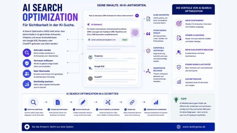Infografik zum Thema AI Search Optimization (AISO) mit Darstellung der Optimierung von Inhalten für KI-Suchsysteme und generative Suchergebnisse zur Steigerung von Sichtbarkeit, Autorität und digitalen Erwähnungen.