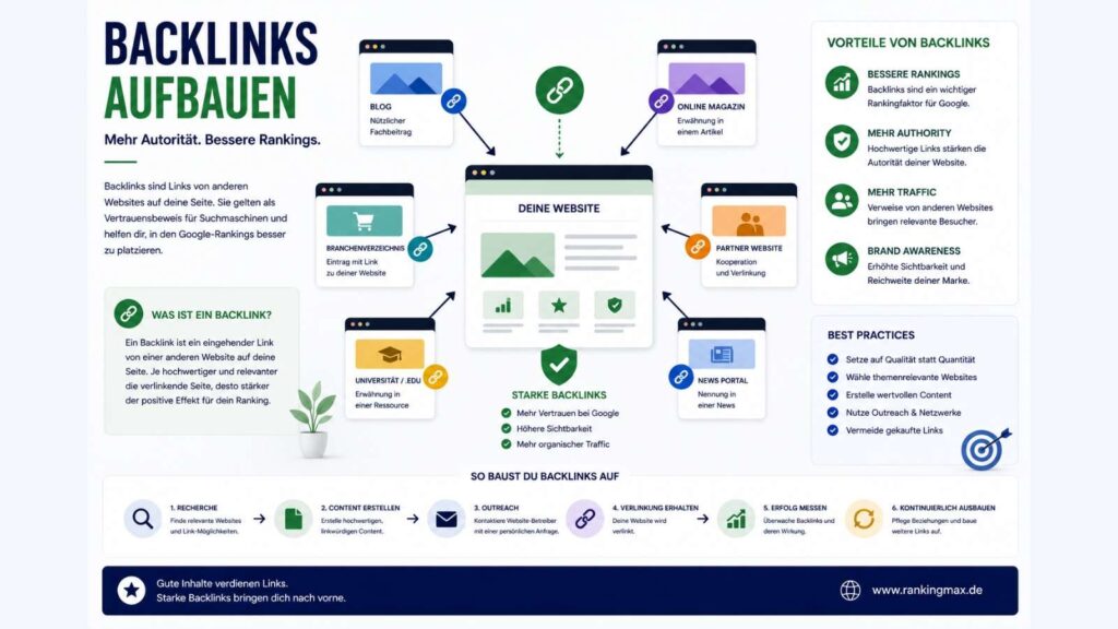 Infografik zum Thema Backlinks aufbauen mit Darstellung hochwertiger externer Verlinkungen, Linkaufbau-Strategien und deren Einfluss auf Autorität, Sichtbarkeit und Google-Rankings.