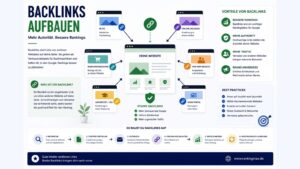 Infografik zum Thema Backlinks aufbauen mit Darstellung hochwertiger externer Verlinkungen, Linkaufbau-Strategien und deren Einfluss auf Autorität, Sichtbarkeit und Google-Rankings.