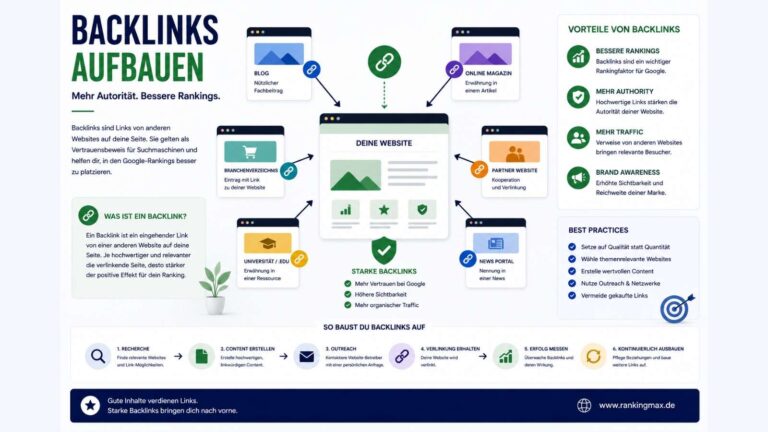 Infografik zum Thema Backlinks aufbauen mit Darstellung hochwertiger externer Verlinkungen, Linkaufbau-Strategien und deren Einfluss auf Autorität, Sichtbarkeit und Google-Rankings.