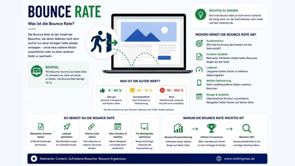 Infografik zum Thema Bounce Rate mit Darstellung der Absprungrate einer Website, Einflussfaktoren sowie Maßnahmen zur Verbesserung der Nutzererfahrung und Verringerung vorzeitiger Seitenabbrüche.